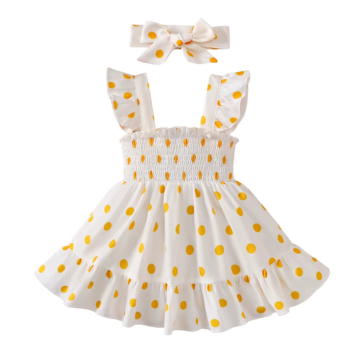 Golden Bloom – Baby Girl Blue Slip Dress with Gold Dots and Matching Headband Set