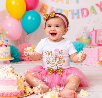 Baby Girl Birthday Cake Smash Outfit Toddler Girl My 1St Birthday Romper Tutu Skirt with Headband Clothes Set