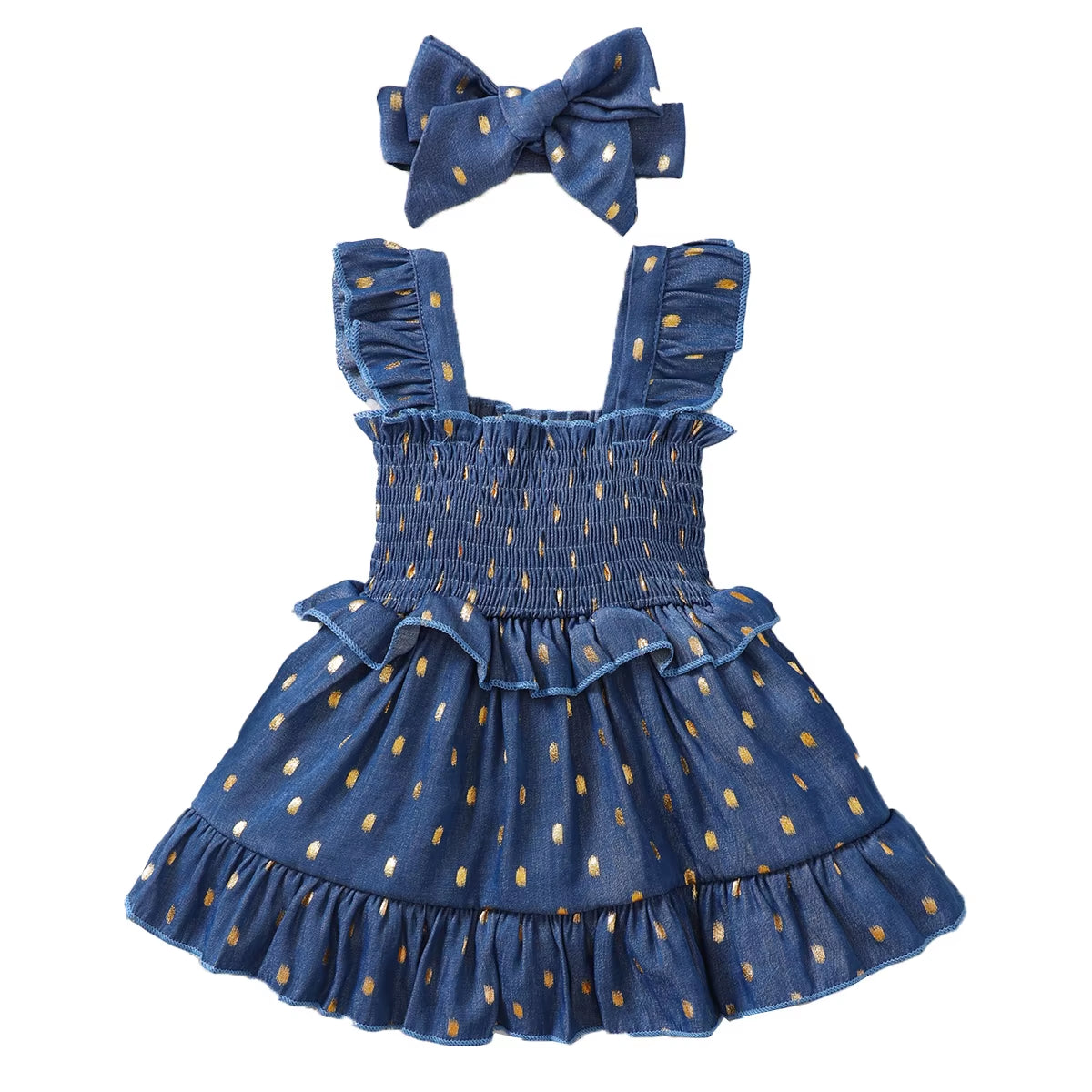 Golden Bloom – Baby Girl Blue Slip Dress with Gold Dots and Matching Headband Set